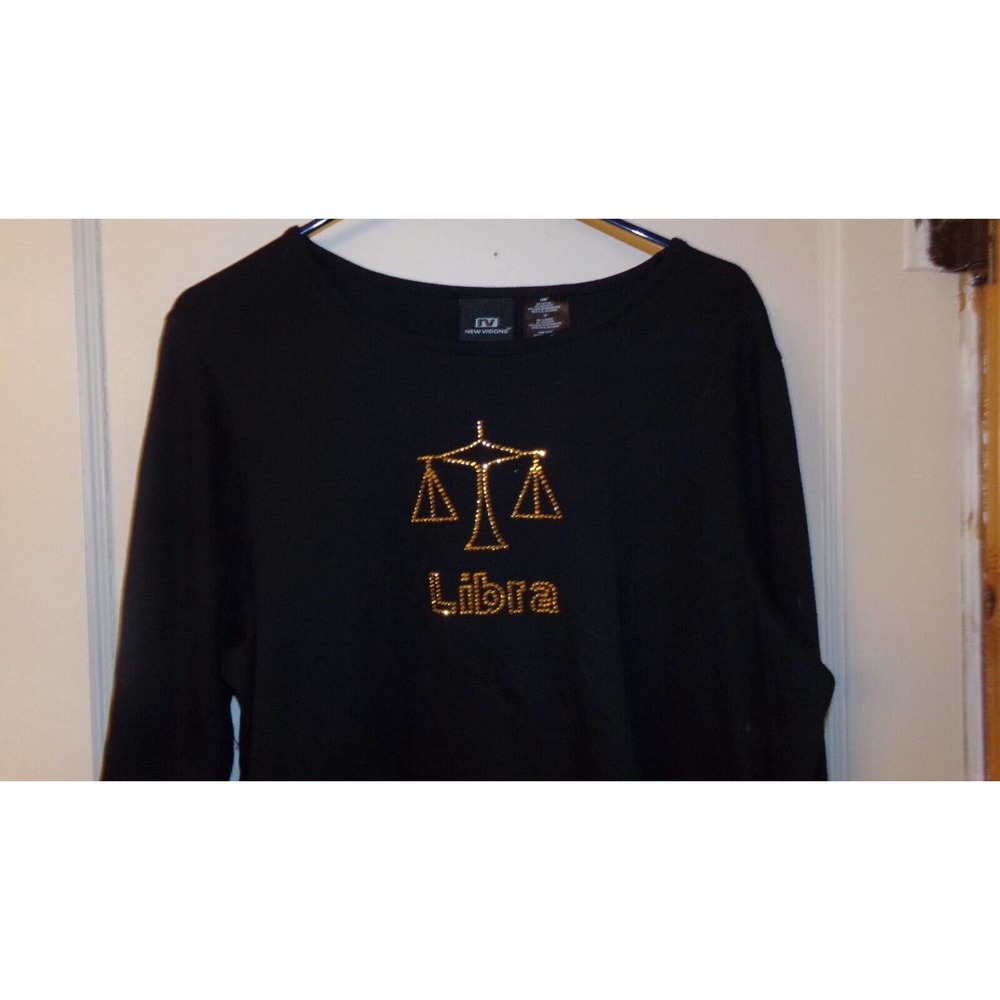 NEW VISIONS LADIES SHIRT BLACK GOLD BEADED LIBRA SCALES DESIGN SZ 16W NWOT